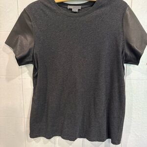 Vince Charcoal Gray Short-Sleeve Tee Shirt with Leather short Sleeves
